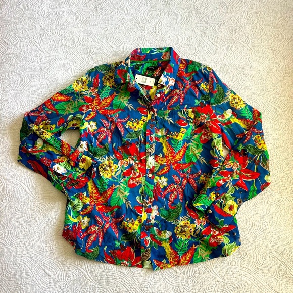 Talbots NWT Floral Blue Red Yellow Button Down Blouse With Under Shirt MP - Picture 1 of 9